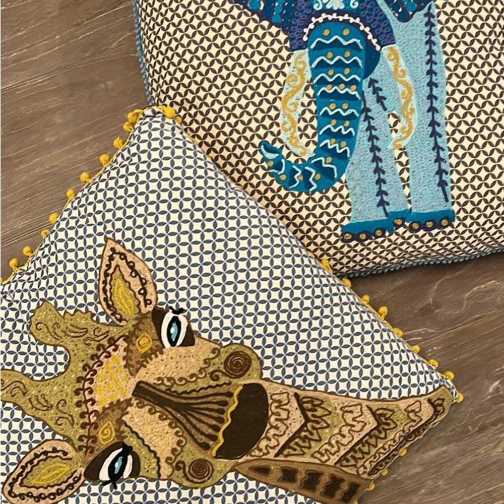 Embroidered Giraffe and Elephant Pillows w/ Graphic Print Background